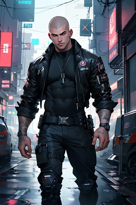 Man in the cyberpunk era, muscular with modifications in the arms, black and shaved head in the design aesthetic
