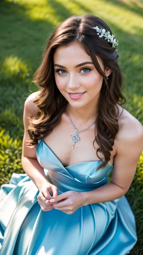 Realistic photo of the back torso of a 2 brunette bridesmaid with long hair, beautiful smile and ready for a kiss. flower in hair, necklace, She smiles directly into the camera in a long A-line dress with straps made of shiny light blue satin..., Park,Glam...