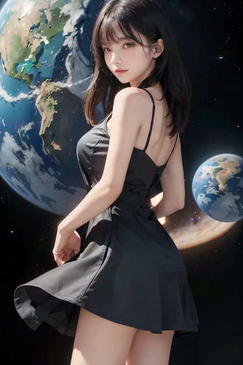 "A beautiful 1 girl with a defiant expression, facing forward. She has long black hair with bangs. The girl is wearing a blue dress. Behind her is outer space, featuring ancient Earth and other planets floating in the background. Photorealistic style."