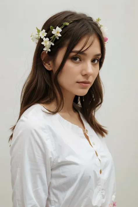 woman dressed in flowers, white background