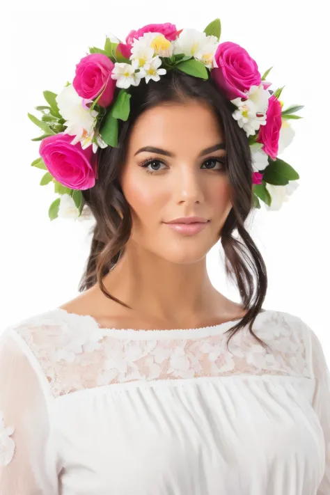 woman dressed in flowers, white background