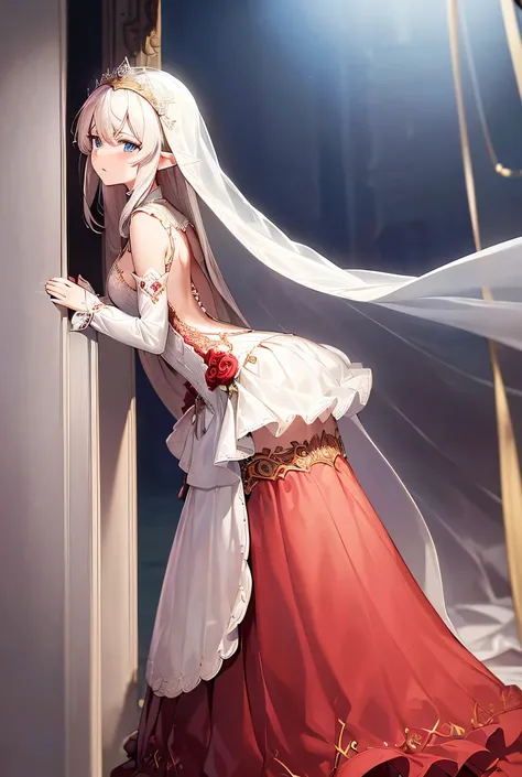 ((чрезвычайно подробные обои CG Unity 8k)), masterpiece, ultra detailed, floating, a high resolution, sexually suggestive, (small, ridiculously long white hair, Princess, White Mage, Blue eyes, (ornate long white and red sheer layered dress with long wide ...