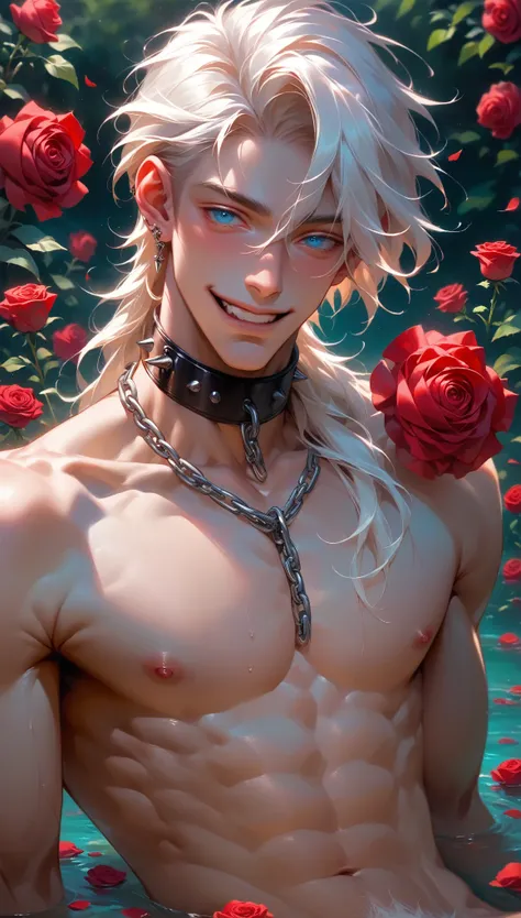 beautiful and skelt young man blue eye blond white hair half body shot, red roses in the background, twink, piercing, neck chain...