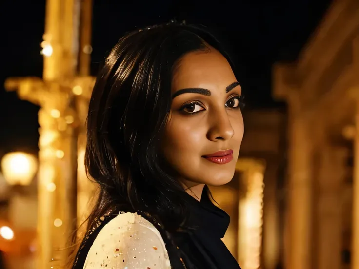 kiara, wearing hijab,front view in temple,at night