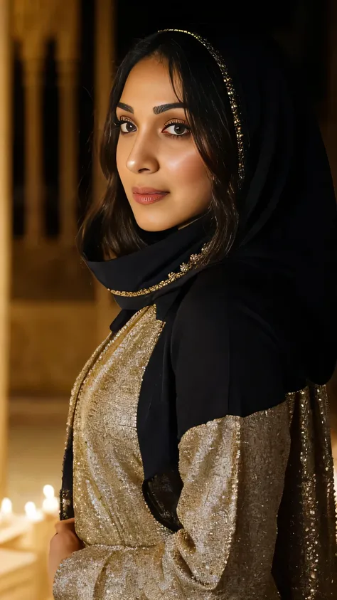 kiara, wearing hijab,muslim girl,front view in temple,at night