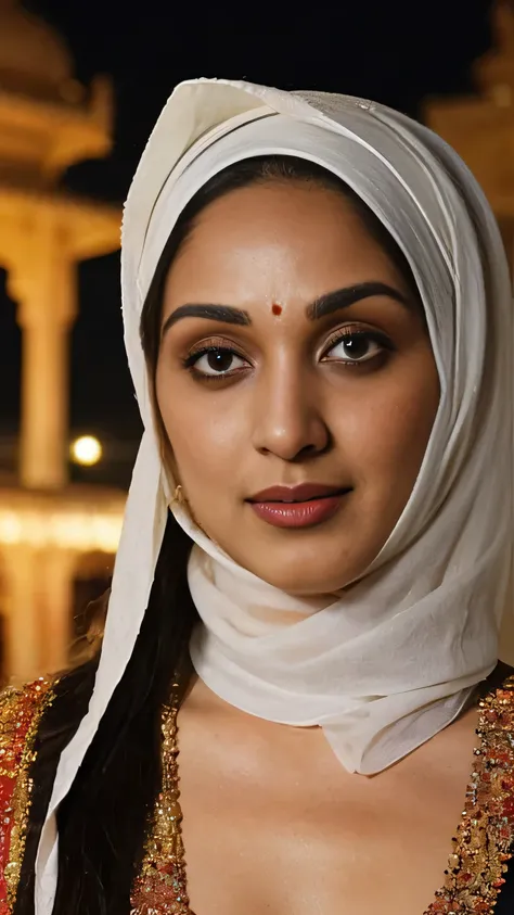 2 kiara, wearing hijab,colorfull,muslim girl,front view in temple,at night