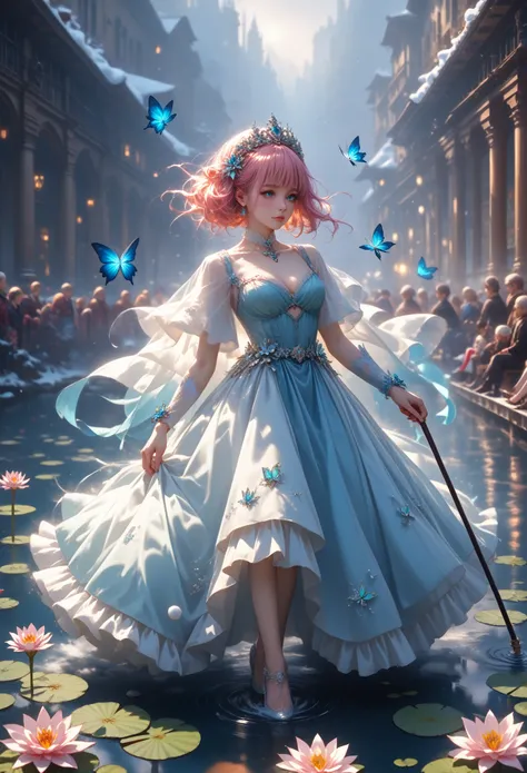 A large-scale picture, The girl is very beautiful and sexy, The transparent water looks into the river, water lilies, Lilies are blooming, Cane,Flying Many Blue Butterfly Circle, Snow-white gauze skirt Light snow-white dress with decorations and a bow on t...