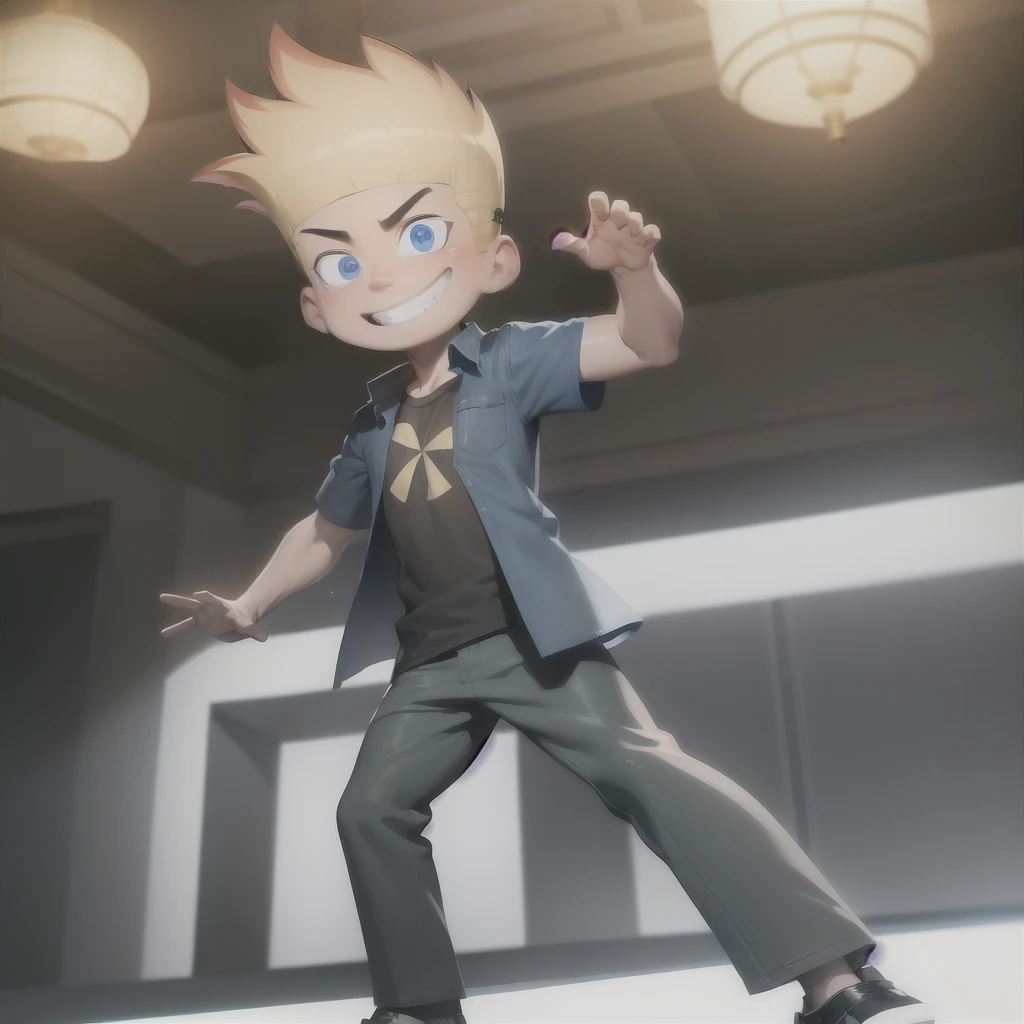 ((masterpiece, best quality)),(complex lighting), solo, full body, 1boy, johnny test, blue eyes, open shirt, standing, grin,