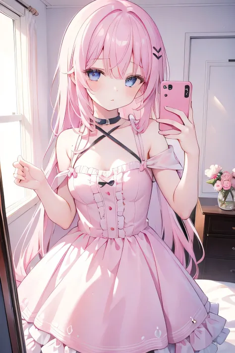 1girl, pink hair, selfie mirror, pink sleep dress, blue eyes, long hair, bedroom, close eyes one, upper body