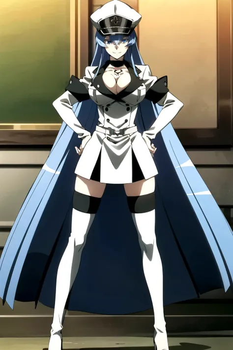 Esdeath, smile, breasts, large breasts, hat, cleavage, choker, hair between eyes, uniform, military, military uniform, thighhighs, high heels, tattoo, peaked cap, chest_tattoo, full-body shot, hands on hips,