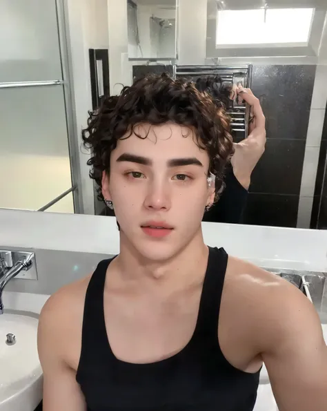 there is a man with fake eyebrows in the bathroom, taken at the beginning of 2020, he has short curly brown hair, tommy 1 6 year...