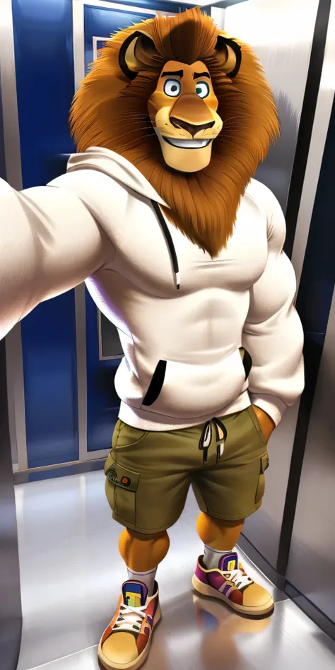 Alex the Lion, muscular body, big biceps, extremely beautiful and cute face, wears white sweatshirt with long sleeves, cargo shorts, sneakers, elevator background, selfie, gentle look, cute smiling