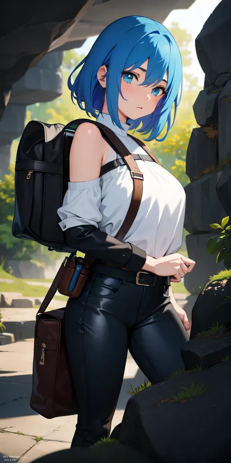 A young, adventurous anime girl with vibrant, shoulder-length blue hair and large, curious green eyes stands at the entrance of a dimly lit cave. She wears a sturdy, leather-trimmed adventurers jacket, a simple white tunic, and worn-out, knee-length leathe...