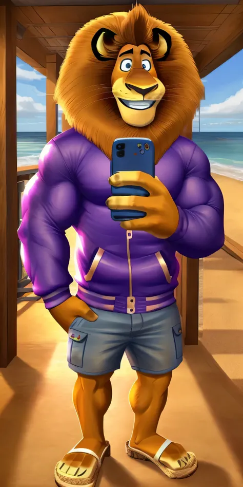 Alex the Lion, muscular body, big biceps, extremely beautiful and cute face, wears purple t-shirt, blue varsity jacket with long sleeves, cargo shorts, sandals, pier background, selfie, gentle look, cute smiling 