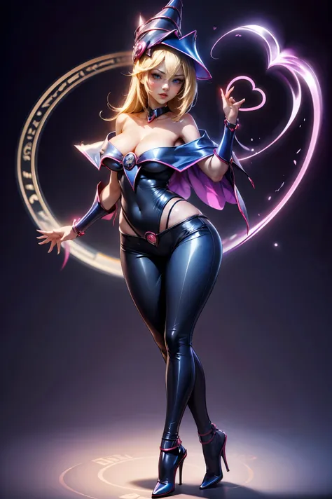 dark magician gils, with high-heels. Pants,  sexy, Subjective and sensual pose. magic background. Magical heart in the air. magic circle. exposed breasts.