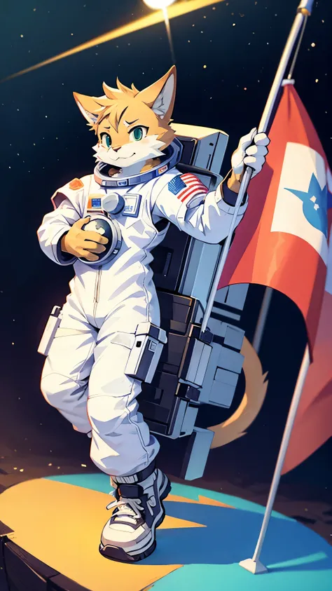 Cat in astronaut costume on moon holding flag with fish designDigital art, anime styling, ultra HD, 