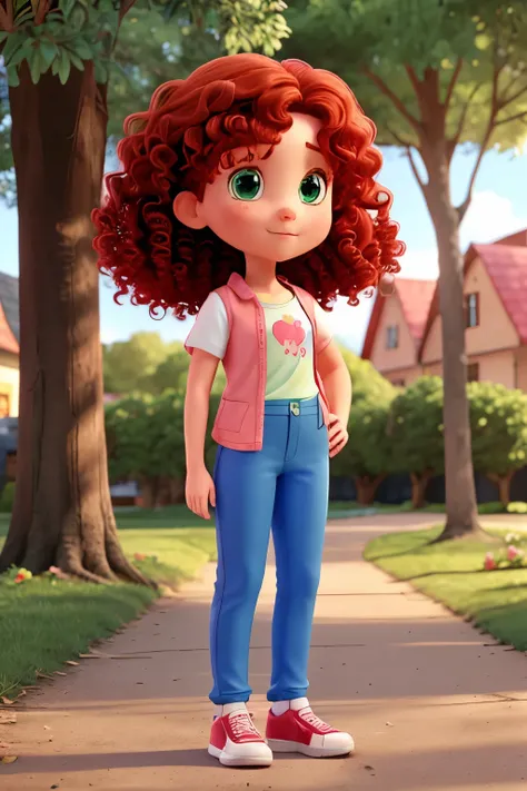  girl with curly red hair, green eyes, pink blouse, blue pants and white sneakers