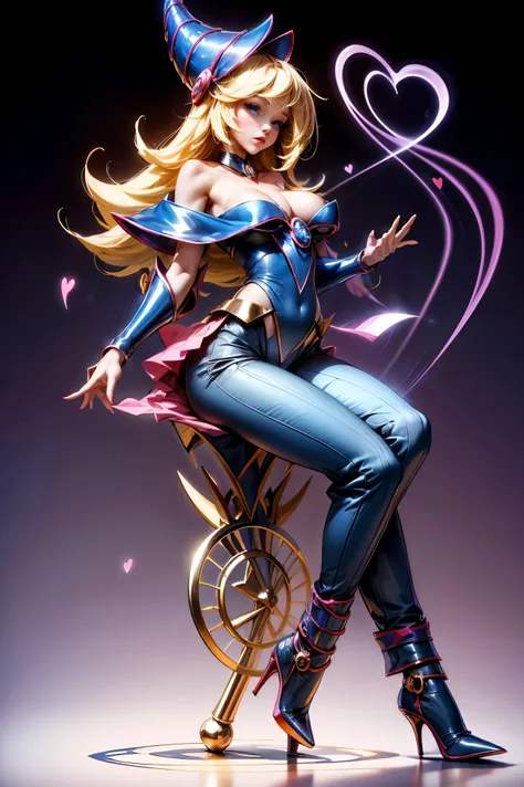 dark magician gils, with high-heels. Pants,  sexy, Subjective and sensual pose. magic background. Magical heart in the air. magic circle. exposed breasts.