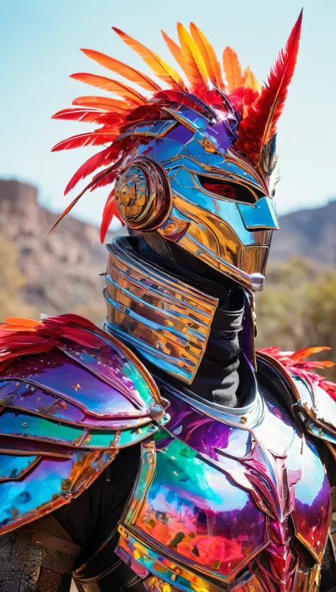 A breathtaking, cinematic science fiction portrait of the White Knight, an imposing, non-human entity with skin made of radiant feathers that shimmer in an array of iridescent colors—blazing reds, vibrant purples, and luminous blues. His body is armored wi...