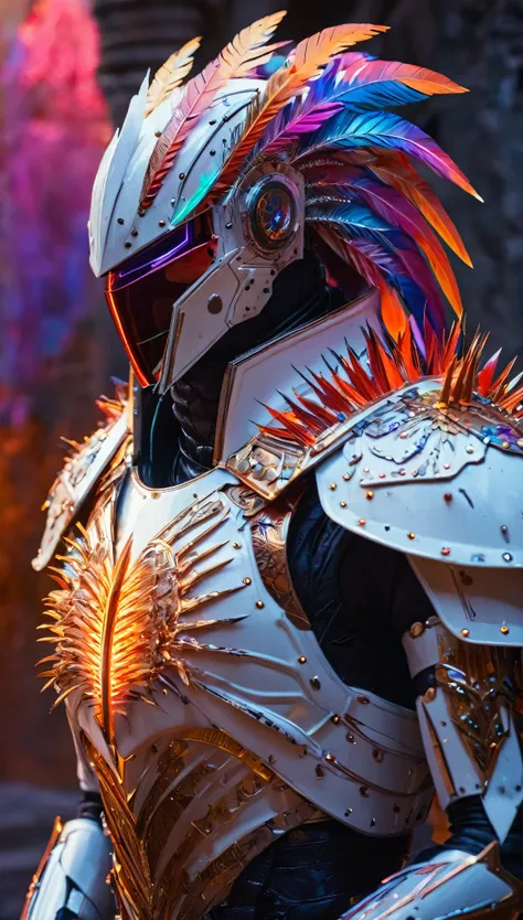 A breathtaking, cinematic science fiction portrait of the White Knight, an imposing, non-human entity with skin made of radiant feathers that shimmer in an array of iridescent colors—blazing reds, vibrant purples, and luminous blues. His body is armored wi...