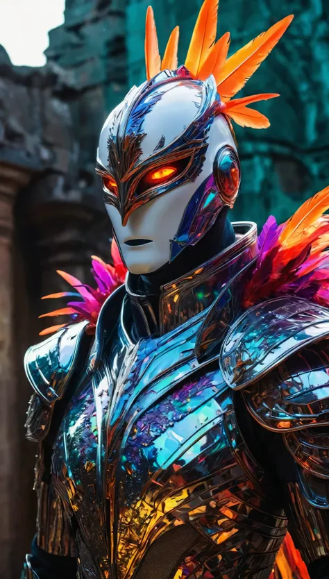 A breathtaking, cinematic science fiction half bodyportrait of the White Knight, an imposing, non-human face fully Maskedentity with skin made of radiant feathers that shimmer in an array of iridescent colors—blazing reds, vibrant purples, and luminous blu...