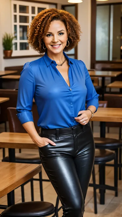 A beautiful mature woman, warm and almost fat, wearing a blue blouse with leather pants.  And standing in the cafe.  A smiling face.  With red and curly hair.