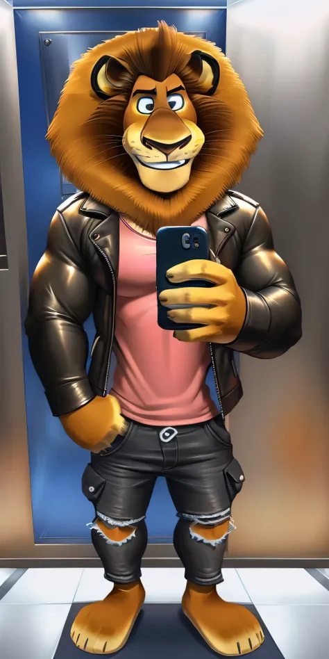 Alex the Lion, muscular body, big biceps, extremely beautiful and cute face, wears pink t-shirt, leather jacket with long sleeves, black denim cargo shorts, hands in pockets, bare feet, elevator background, selfie, gentle look, cute smiling