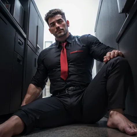 middle-aged man,stubble,、handsome。black shirt、red tie、black pants、small darkroom,sit on the ground,muscular ,short short hair　ad...