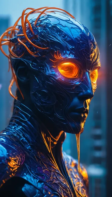 A breathtaking, cinematic science fiction medium shotportrait of the *MaskedVoid Stalker*, an ethereal, non-human figure cloaked in translucent, iridescent scales that shift in shades of ghostly whites, deep indigos, and fiery oranges. His body is adorned ...