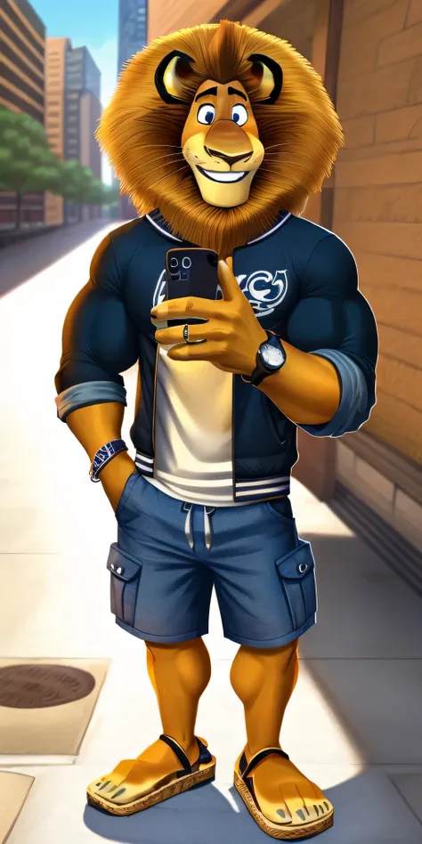 Alex the Lion, muscular body, big biceps, extremely beautiful and cute face, wears black t-shirt, blue varsity jacket with long sleeves, denim cargo shorts, fancy watch on his right wrist, fancy flip flops sandals, streets background, selfie, gentle look, ...