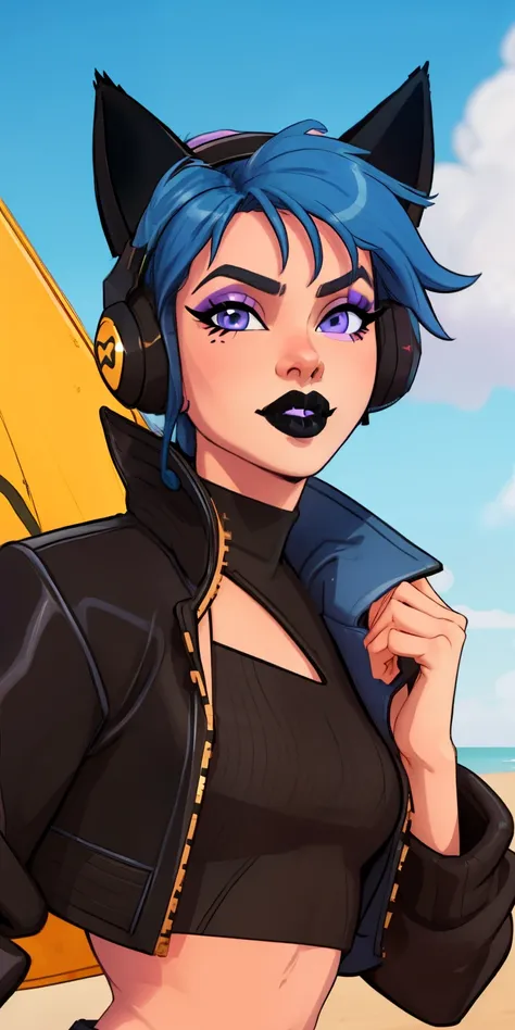 Beach background, 1girl,blue hair,blue eyes, eyeshadow,upper body,(speed lines:1.1),medium breasts, love, heart, gold hearts, black jacket, jacket crop top, cat ears headphones, fake cat ears,black crop top, navel, ((purple lips:1.2)), lipsticks, happy, lo...