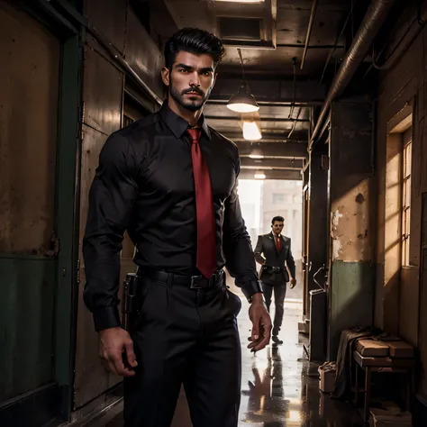 2,One tall man,、Iraqi handsome man。Black Shirt、Red tie、Black pants、corridor,,Muscular ,Short short hair　　Gunfight