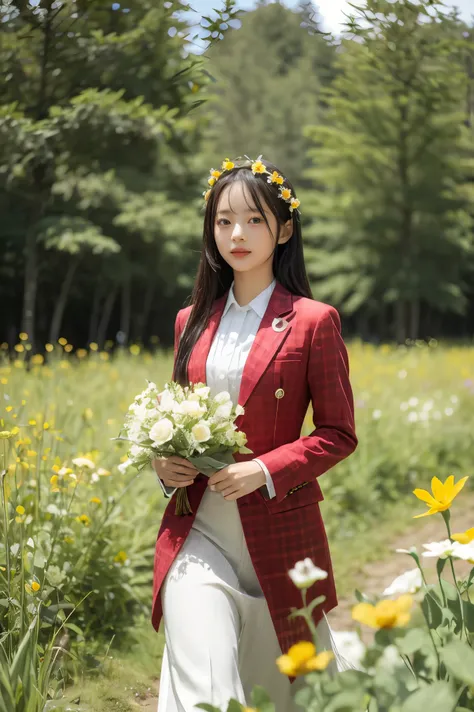 there is a man in a red and white suit holding a bouquet of flowers.., girl in the flowers, flower picking, holding flowers, go ...