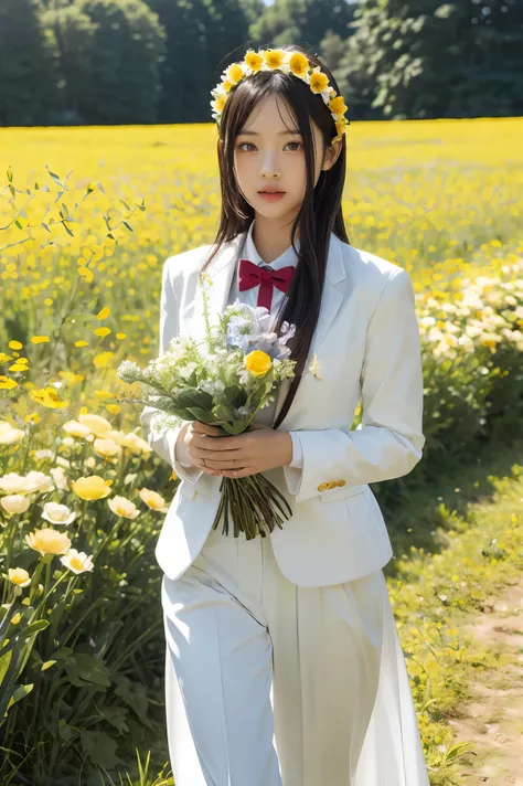 there is a man in a red and white suit holding a bouquet of flowers.., girl in the flowers, flower picking, holding flowers, go ...