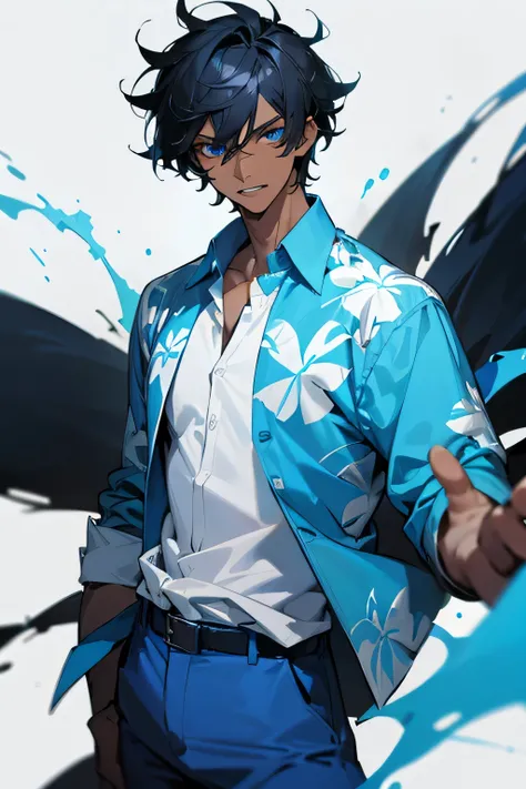 1male, black hair, blue highlighted hair, crazy expression, modern clothing, white shirt, Hawaiian shirt, blue pants, blue eyes, perfect eyes, messy hair, school background, dark skin, closed shirt,
