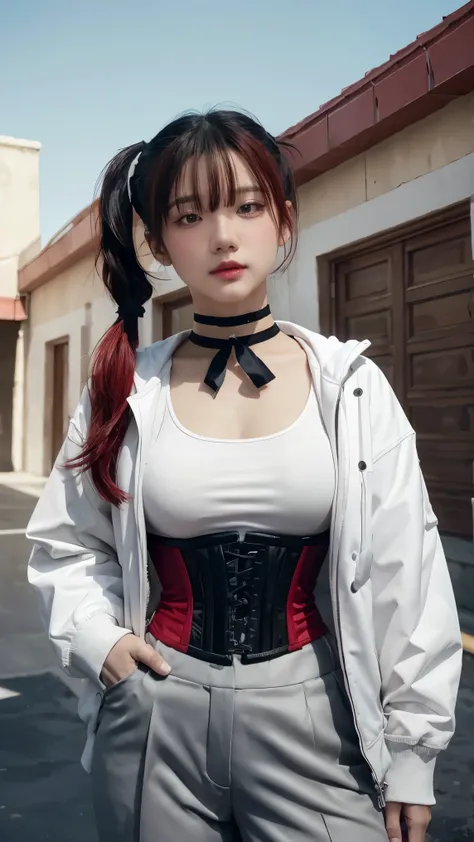 1 girl, Portrait of a beautiful lobapex, About sports, white jacket, corset, skirt, trousers, black hair, red hair, pigtail, put on makeup, choker, rift, wide hips, Volumetric light, best quality, Masterpiece, complicated details, Tone mapping, Sharp focus...
