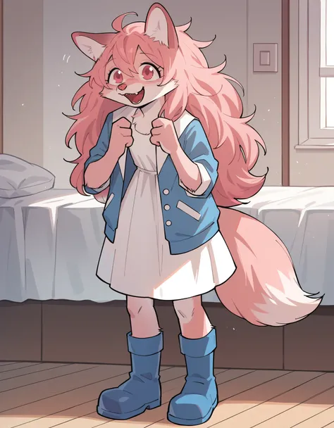 Score_9, score_8_up, solo, Anthro, furchan, pink furry body, pink hair, pink eyes, pink nose, animal ears, tail, standing, indoors, wearing blue jacket, white dress, blue boots, happy