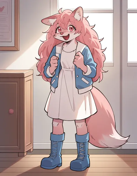 Score_9, score_8_up, solo, Anthro, furchan, pink furry body, pink hair, pink eyes, pink nose, animal ears, tail, tall and slender body, standing, indoors, wearing blue jacket, white dress, blue boots, happy