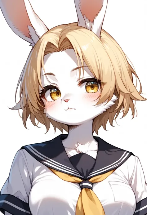 score_9, score_8_up, score_7_up, score_6_up, score_5_up, score_4_up, source_anime, source_furry, best quality, masterpiece, 1 female, (anthropomorphic Rabbit, furry, kemono), solo, blond hair, looking at viewer, white background, school uniform, closed mou...