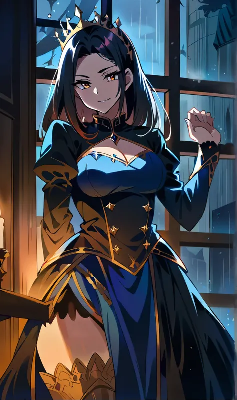 perfect, 1 mature queen, standing by the window, touching the window, (fancy royal dress), stockings, side boob, long dark hair, medieval castle grand hall, ((rainy night)), perfect face, 4k, ultra high resolution, sharp image, prettyeyes, 