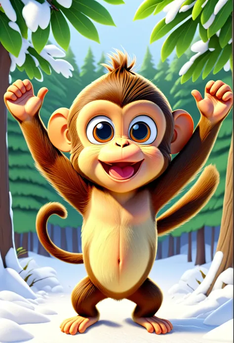 cute monkey, cartoon , arms, hands ,cute eyes, looking at viewer, arms up, cute clothes, flawless, tree, leafs, winter, snow