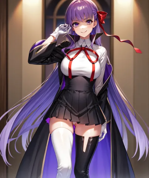 isoscale, mid shot,  night, ,,, purple hair, black jacket, white shirt, black skirt, red ribbon, big breasts, purple eyes, white...