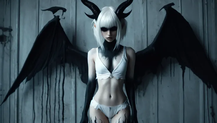 (Best Quality,hight resolution,Masterpiece, full body view:1.2),Ultra-detailed,demon woman with horns,dressed in black hoodie and white panties,sickly,standing in a horror sci fi scenario,horror sci fi aesthetic,gloomy ecstasy,fetish,dark gloomy atmosphere...