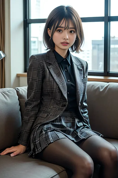 ((masterpiece:1.4))、((office:1.5))、((Girl with short hair, Light brown hair:1.4))、((Wearing a grey plaid pleated skirt Lift:1.4))、((黒色のタイトなWearing a suitいる:1.4))、((Girl sitting on sofa:1.7))、very Sexy Costumes, 厳格なWearing a suitいる、Stylish and gorgeous cosp...