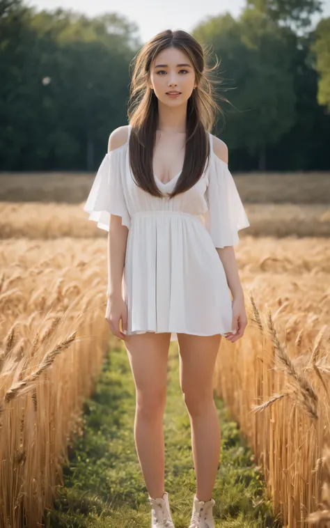 of the highest quality, Realistic, Perfect human body structure, Very detailed, Very delicate and beautiful, Raw photography, Rustic farm with rolling fields of golden wheat, Professional Lighting, Luminescent, depth of fields, Single focal length, ((Full ...