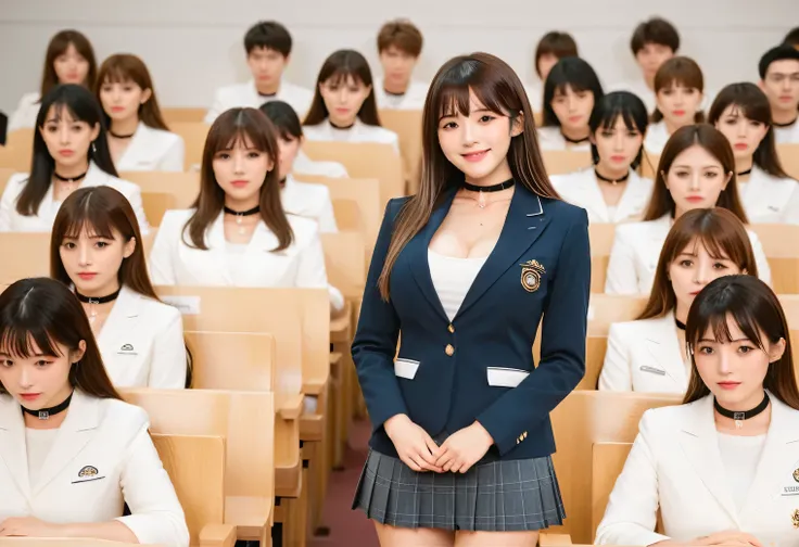 score_9, score_8, score_8 Up, score_7, Highest quality、masterpiece, group、((White Tight Collar Shirt, blazer、mini skirt, uniform,)), Large Breasts, ((Layered Haircut)), The body is slim, Slim face（8k，Highest quality），Shot from medium distances，lecture hall...