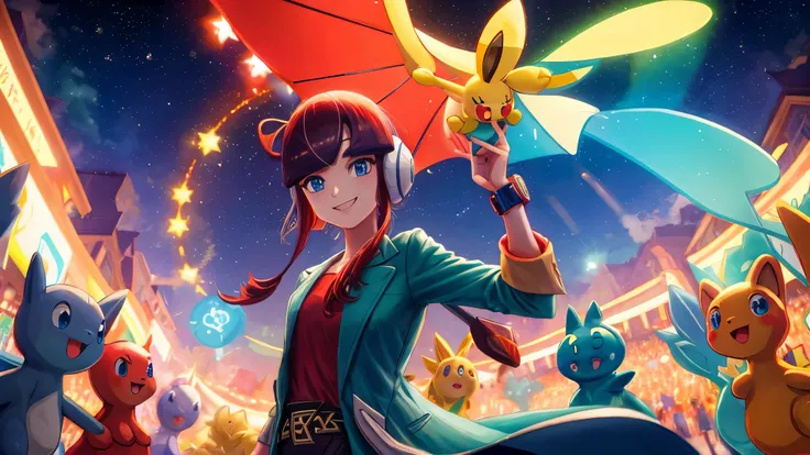 elesa chestnut (pokemon) , portrait, smile, looking at viewer, scenery, colored lights, crowd