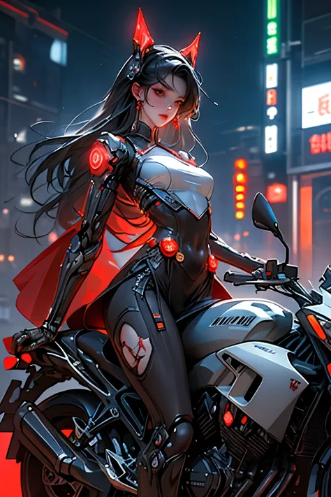 Highest image quality, Outstanding details, Ultra-high resolution, (Realism: 1.4), The best illustration, favor details, highly condensed 1girl, Korean+Chinese girl with a delicate and beautiful face, Dressed in black and red mechs, wearing a mech helmet, ...