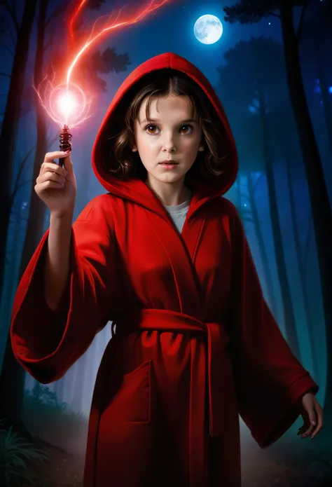 milli3 woman, millie bobby brown, 1 curious girl wearing red dark hooded silk robe and holding a magical plasma field in one han...