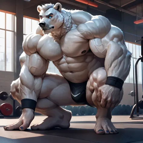 huge muscular polar bear in brick building gym, big hulking flex, grunting noise, polar bear, huge white fur, neck traps, thick arm, huge arm, added thick colored gray mustache, added thick colored grey beard. Short white hair, (veiny muscular, pectoral, w...